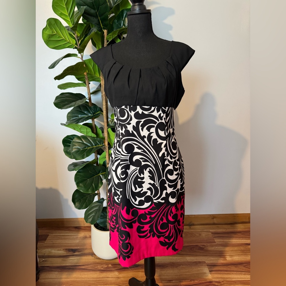 London Times Black, White & Pink Scroll-Print Midi Dress
